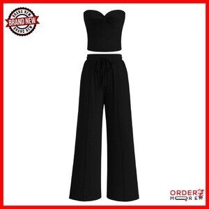 Ribbed Strapless Twist Knot Tube Top Set with Wide Leg Pants